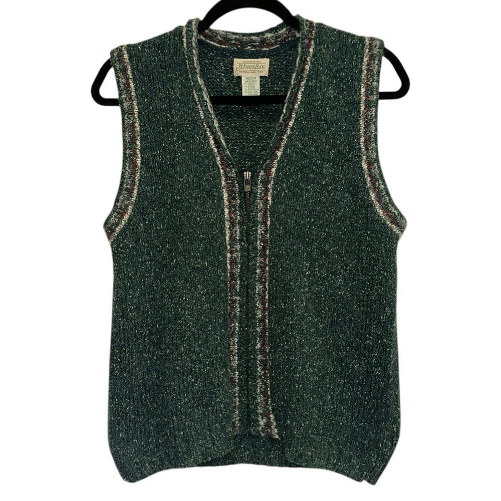 St. John’s Bay Sweater Vest Medium Green Zip Front Knit Vintage Wool Blend